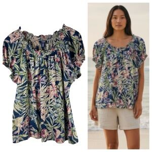 Chaps Ralph Lauren Top Shirt Tunic Sz 1X 16 18 Floral Tropical Blue Tan Resort